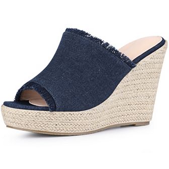 Women's Espadrilles Wedge Open Toe Denim Wedge Blue Jean Shoes Slip on Slide Mules Sandals
