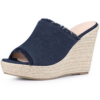 Women's Espadrilles Wedge Open Toe Denim Wedge Blue Jean Shoes Slip on Slide Mules Sandals