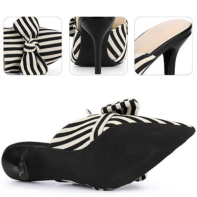 Bow Stripe Pointed Toe Slip on Heel Pumps Slides Mules for Women