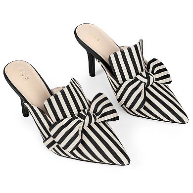 Bow Stripe Pointed Toe Slip on Heel Pumps Slides Mules for Women
