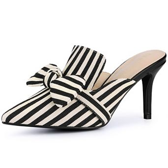 Bow Stripe Pointed Toe Slip on Heel Pumps Slides Mules for Women