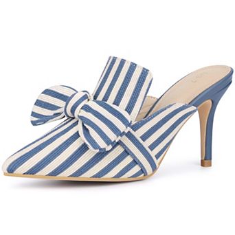 Bow Stripe Pointed Toe Slip on Heel Pumps Slides Mules for Women