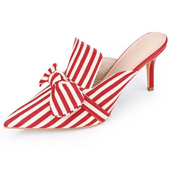Bow Stripe Pointed Toe Slip on Heel Pumps Slides Mules for Women