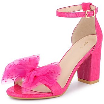 Ankle Strap Stone Printed Chunky Heel Bow Sandals for Women