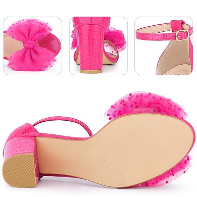 Ankle Strap Stone Printed Chunky Heel Bow Sandals for Women