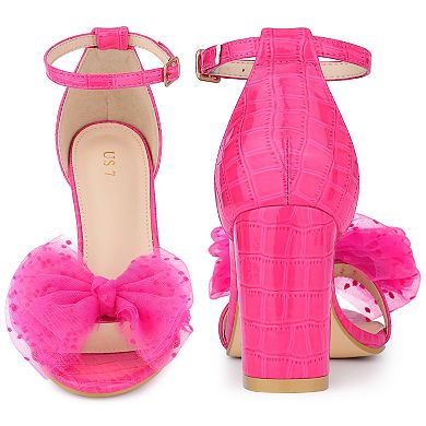 Ankle Strap Stone Printed Chunky Heel Bow Sandals for Women