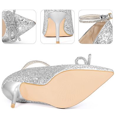 Rhinestone Bow Glitter Pointed Toe Stiletto Heel Pumps for Women