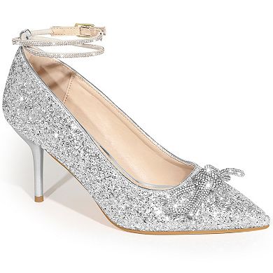 Rhinestone Bow Glitter Pointed Toe Stiletto Heel Pumps for Women