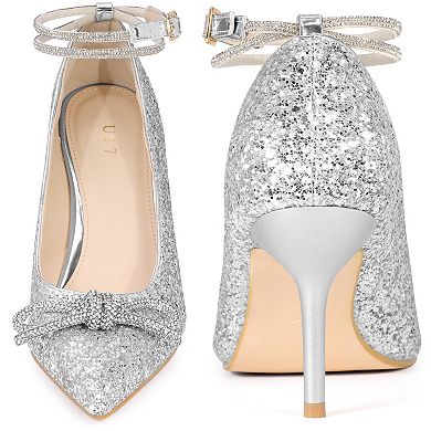 Rhinestone Bow Glitter Pointed Toe Stiletto Heel Pumps for Women