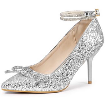 Rhinestone Bow Glitter Pointed Toe Stiletto Heel Pumps for Women
