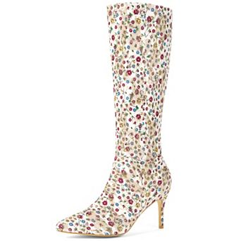 Floral Knee High Boot Stiletto Heel Floral Boots for Women