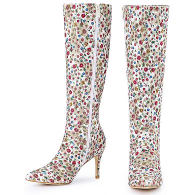 Floral Knee High Boot Stiletto Heel Floral Boots for Women