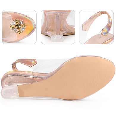 Rhinestone Clear Wedge Heel Slingback Sandals for Women