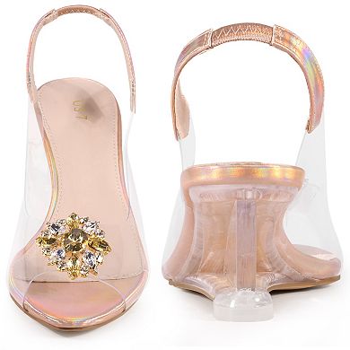 Rhinestone Clear Wedge Heel Slingback Sandals for Women