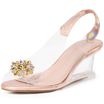 Rhinestone Clear Wedge Heel Slingback Sandals for Women