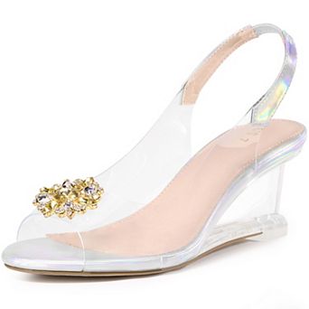 Rhinestone Clear Wedge Heel Slingback Sandals for Women