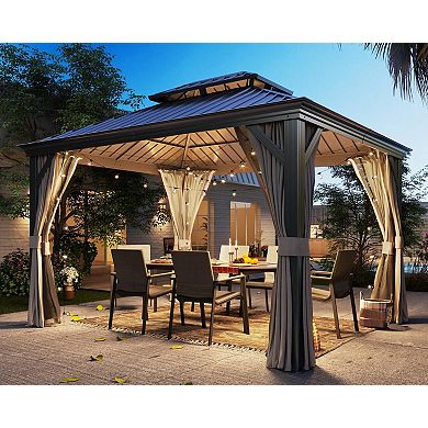 10'x12' Hardtop Gazebo with Nettings and Curtains Waterproof Permanent Heavy Duty Double Hard Roofs