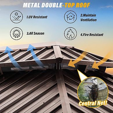 10'x12' Hardtop Gazebo with Nettings and Curtains Waterproof Permanent Heavy Duty Double Hard Roofs