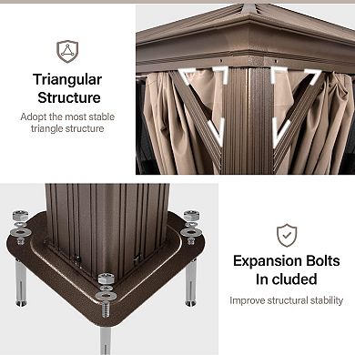 10'x12' Hardtop Gazebo with Nettings and Curtains Waterproof Permanent Heavy Duty Double Hard Roofs