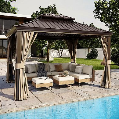 10'x12' Hardtop Gazebo with Nettings and Curtains Waterproof Permanent Heavy Duty Double Hard Roofs