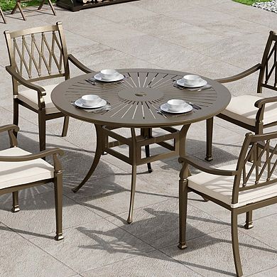 Mondawe 48" Powder Coated Round Cast Aluminum Outdoor Dining Table with 2.1 inch Umbrella Hole