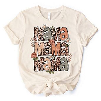 Leopard Mama Floral Retro T-Shirt, White and Natural Trendy Women's Tee with Wildflower Accents
