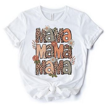 Leopard Mama Floral Retro T-Shirt, White and Natural Trendy Women's Tee with Wildflower Accents
