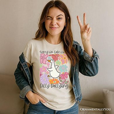 Sorry I'm Late I Was Dilly Dallying Goose T-Shirt, White and Natural Flowers Tee For Women