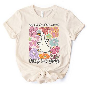 Sorry I'm Late I Was Dilly Dallying Goose T-Shirt, White and Natural Flowers Tee For Women