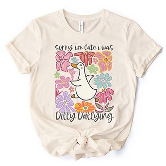 Sorry I'm Late I Was Dilly Dallying Goose T-Shirt, White and Natural Flowers Tee For Women