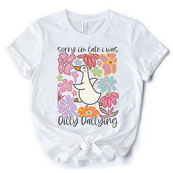 Sorry I'm Late I Was Dilly Dallying Goose T-Shirt, White and Natural Flowers Tee For Women