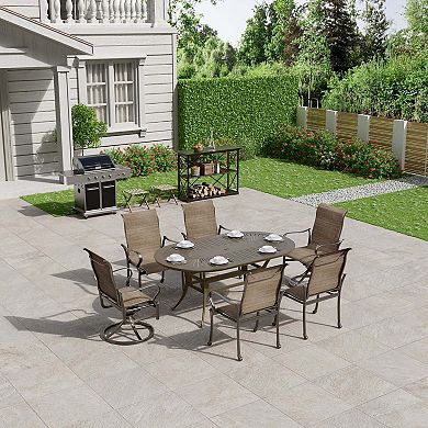 Mondawe 7 Pieces Cast Aluminum Patio Dining Set with 2 Swivel Chair & 4 Armchairs & 1 Oval Table