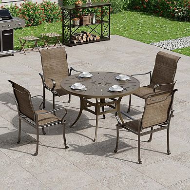 Mondawe Outdoor Cast Aluminum Dining Chair with Textilene Seat and High Back (Set of 4)