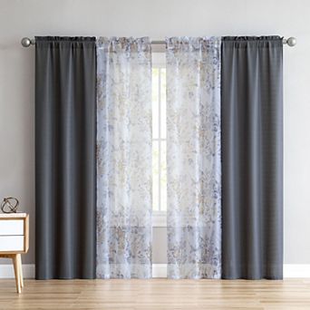 Kate Aurora Gray 4 pc Rod Pocket Semi Sheer Floral Window Curtain Panel Set