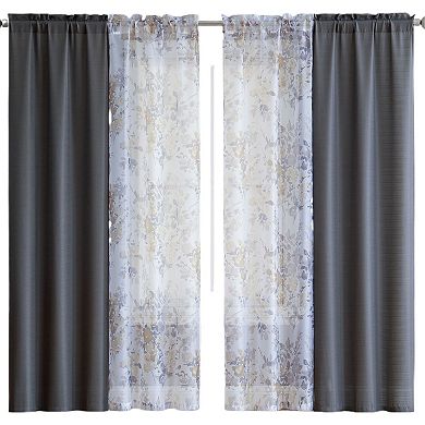Kate Aurora Gray 4 Piece Rod Pocket Semi Sheer Floral Window Curtain Panel Set