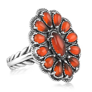 Southwest Spirit Sterling Silver Red Onyx Flower Rope Ring