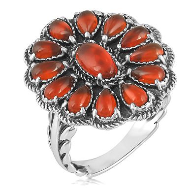 Southwest Spirit Sterling Silver Red Onyx Flower Rope Ring