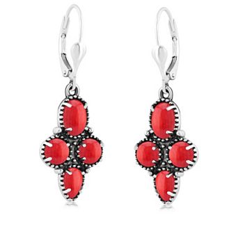 Southwest Spirit® Sterling Silver Red Coral Cluster Leverback Earrings
