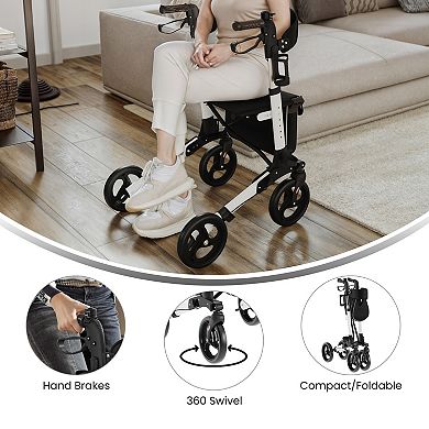 Emma and Oliver Foldable Height-Adjust Rollator Walker with 3-Setting Hand Brakes