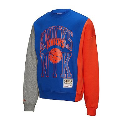 Unisex Mitchell & Ness Blue New York Knicks Hardwood Classics Split 3 Pullover Sweatshirt