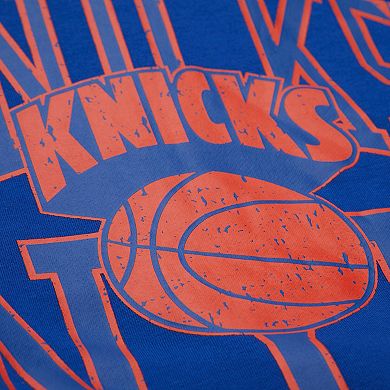 Unisex Mitchell & Ness Blue New York Knicks Hardwood Classics Split 3 Pullover Sweatshirt