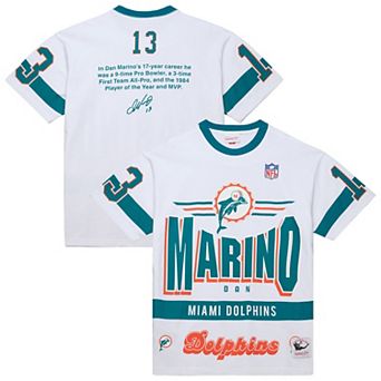 Men's�Mitchell & Ness Dan Marino White Miami Dolphins Name & Number Team Origins Vintage Logo T-Shirt