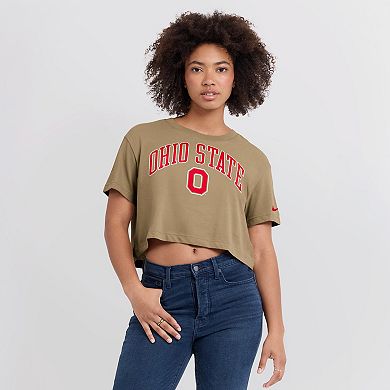 Women's Nike Tan Ohio State Buckeyes Power Pursuit Athletic Prep Arch Performance Cropped T-Shirt