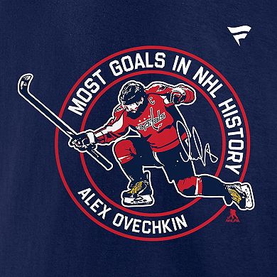 Men's Fanatics Alexander Ovechkin Athletic Navy Washington Capitals NHL All-Time Leading Goal Scorer Badges Long Sleeve T-Shirt