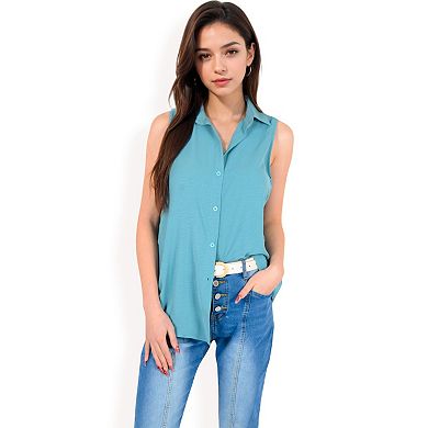 Women's Sleeveless Button-Down Collared Top with Lightweight Textured Fabric and Classic Design