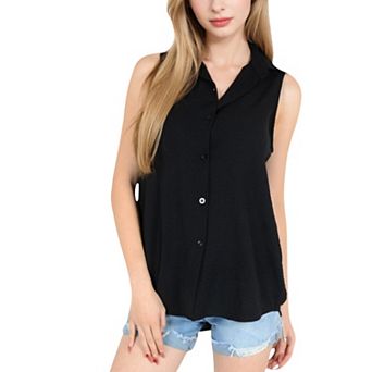 Women's Sleeveless Button-Down Collared Top with Lightweight Textured Fabric and Classic Design