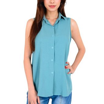 Women's Sleeveless Button-Down Collared Top with Lightweight Textured Fabric and Classic Design