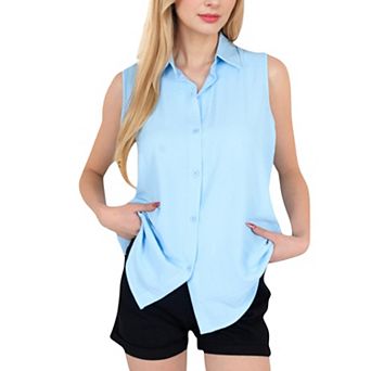 Women's Sleeveless Button-Down Collared Top with Lightweight Textured Fabric and Classic Design