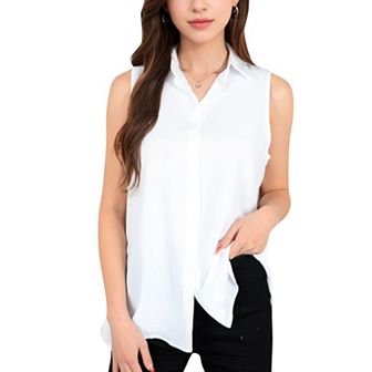 Women's Sleeveless Button-Down Collared Top with Lightweight Textured Fabric and Classic Design