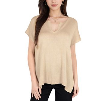 Women's V-Neck Knit Top with Short Sleeves and Relaxed Fit